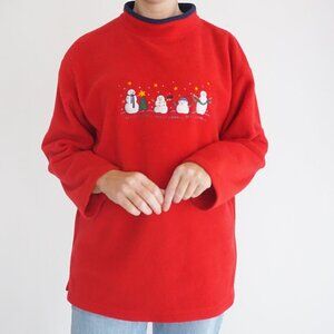 Vintage Croft & Barrow Sport Red Embroidered Snowman Christmas Fleece Sweater L